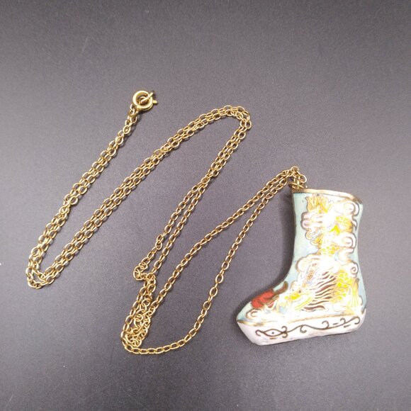 Vintage Cloisonne Gold plated Chinese Dragon Pendant & 24'' Necklace - Picture 4 of 5